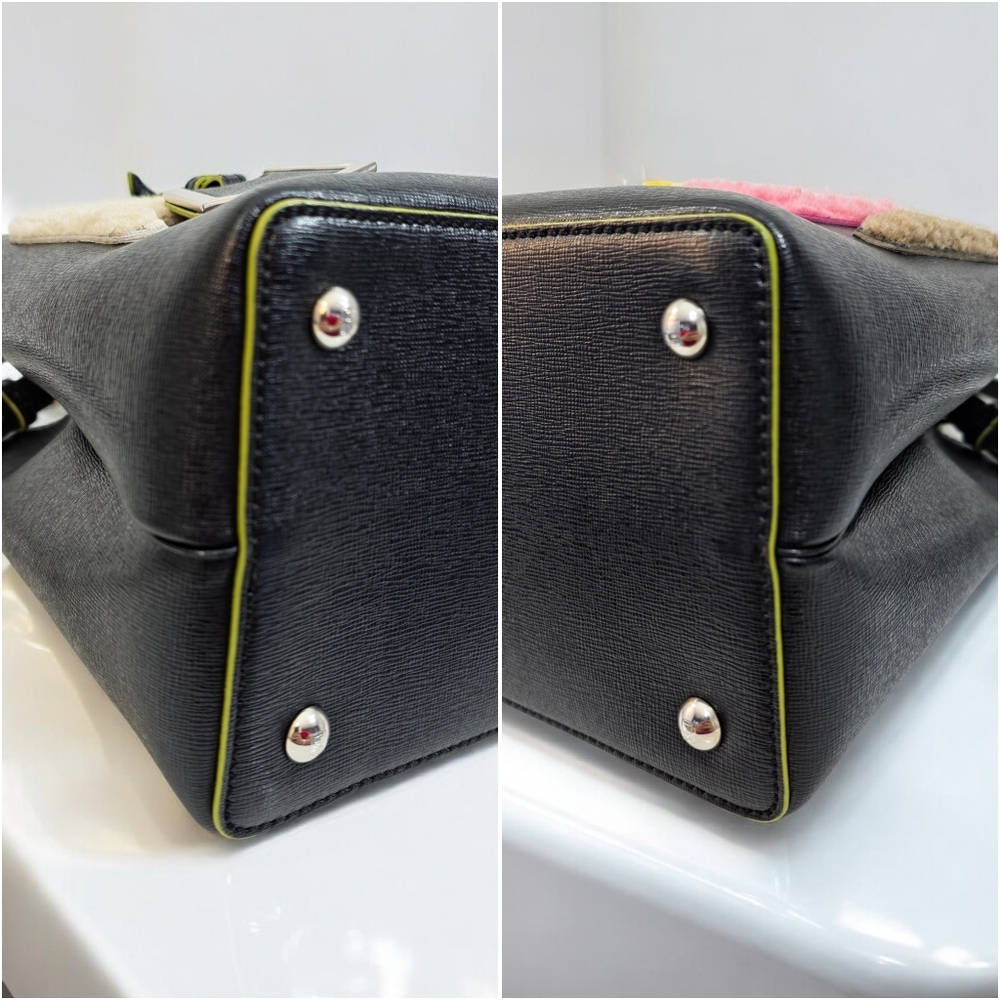 Fendi 2Jours Black Leather Tote Crossbody Bag Multicolor Shearling Logo - Picture 5 of 16